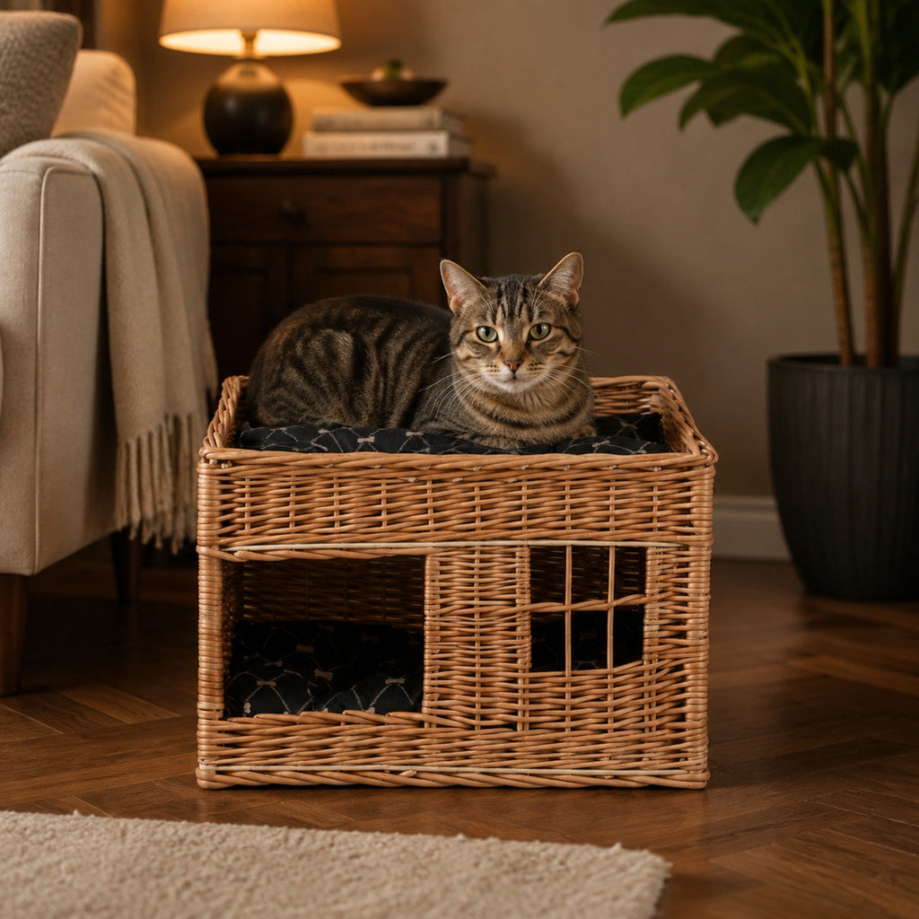 Estrella Katzenhaus aus Weide mit zwei Ebenen – Modell 3 – Elegante Wohnszene mit Haustier
