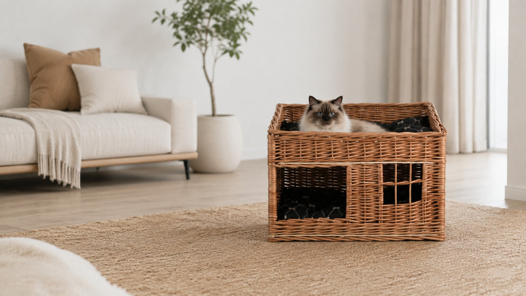 Estrella Katzenhaus aus Weide mit zwei Ebenen – Modell 3 – Breite Premium-Wohnszene im Format 16:9