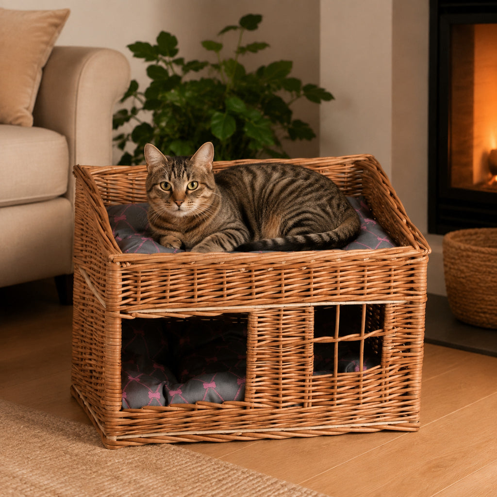 Estrella Katzenhaus aus Weide mit zwei Ebenen – Modell 4 – Elegante Wohnszene mit Haustier