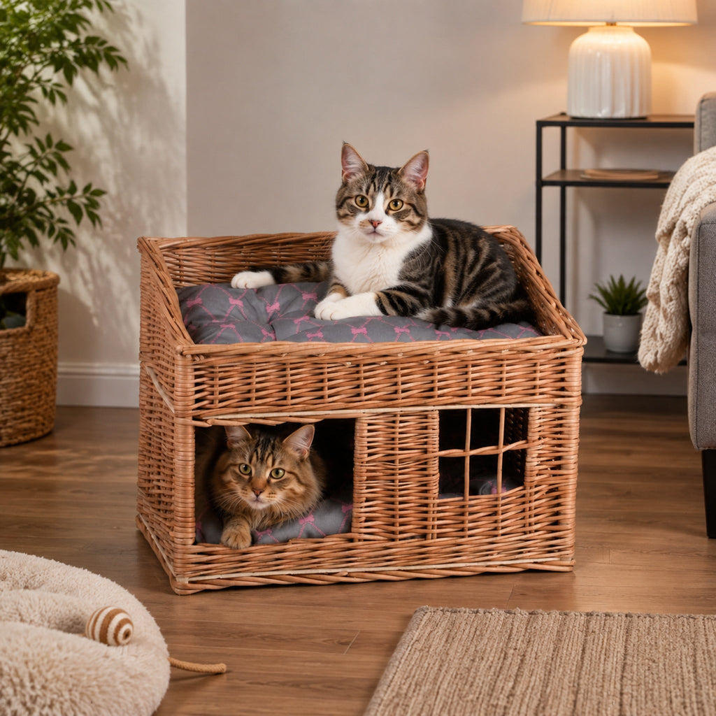 Estrella Katzenhaus aus Weide mit zwei Ebenen – Modell 4 – Stilvolle Wohnatmosphäre mit zwei Haustieren
