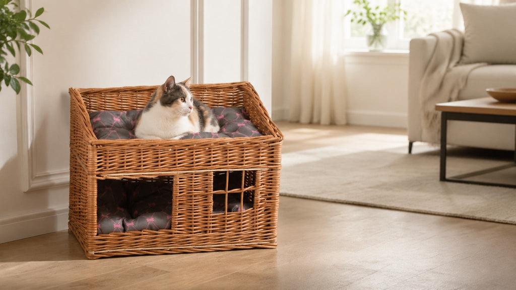 Estrella Katzenhaus aus Weide mit zwei Ebenen – Modell 4 – Breite Premium-Wohnszene im Format 16:9