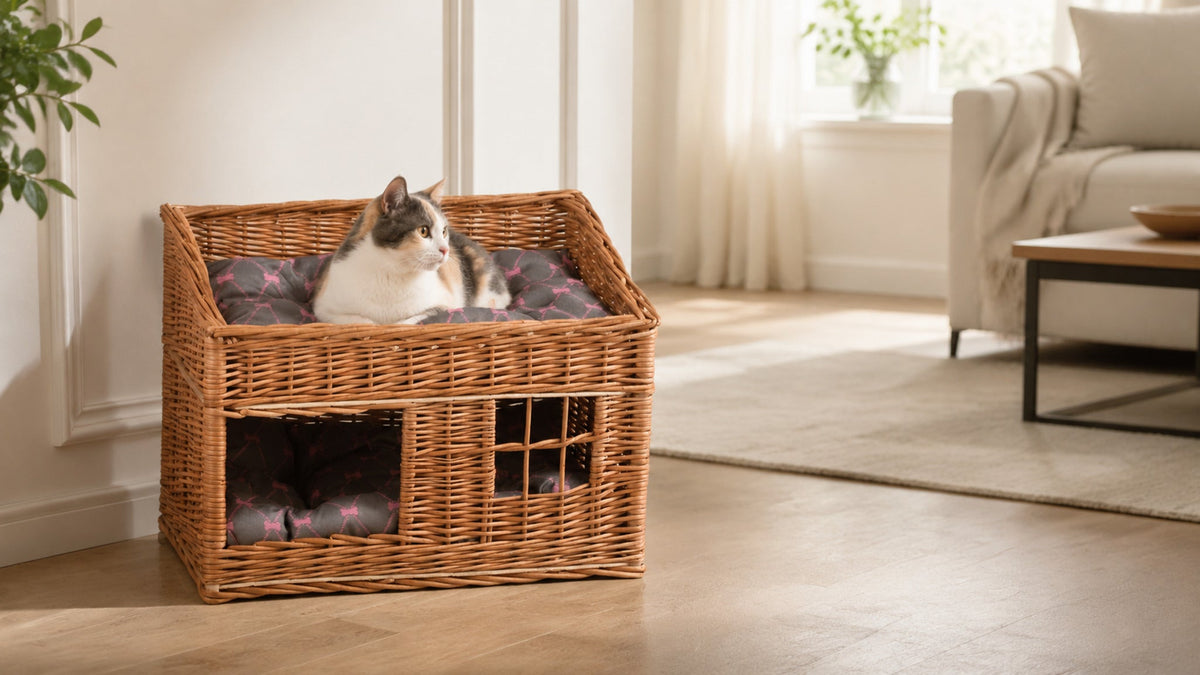Estrella Katzenhaus aus Weide mit zwei Ebenen – Modell 4 – Breite Premium-Wohnszene im Format 16:9