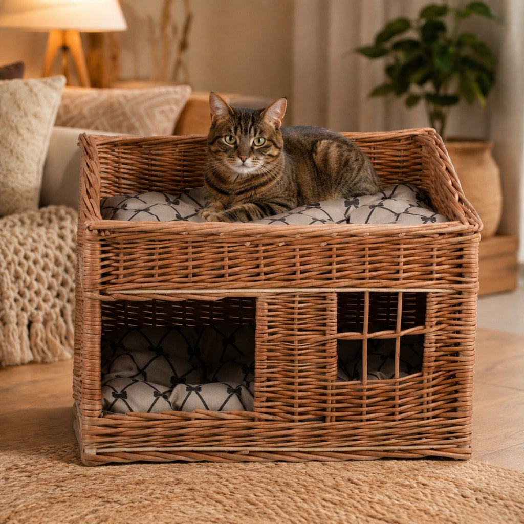 Estrella Katzenhaus aus Weide mit zwei Ebenen – Modell 5 – Elegante Wohnszene mit Haustier