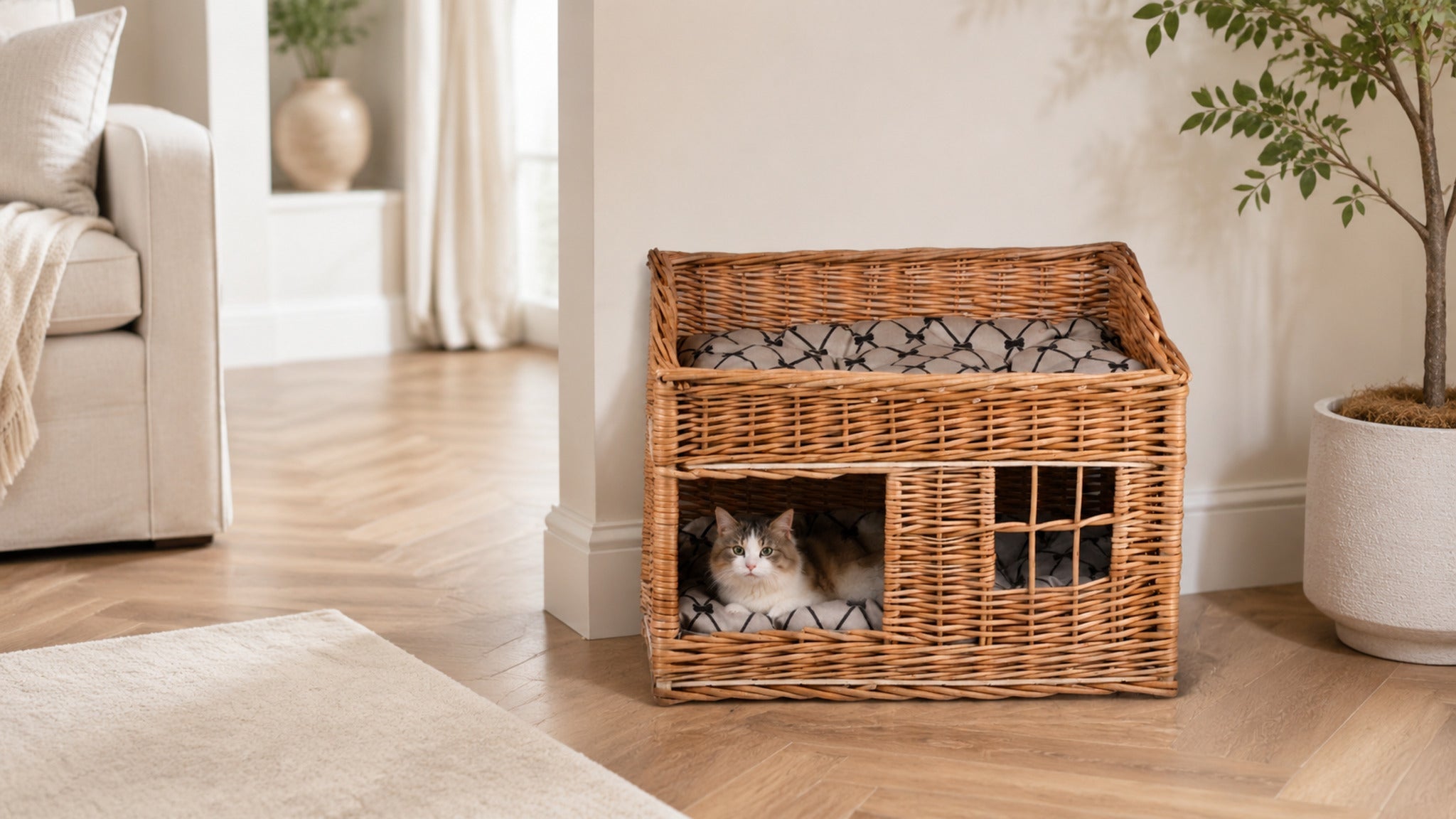 Estrella Katzenhaus aus Weide mit zwei Ebenen – Modell 5 – Breite Premium-Wohnszene im Format 16:9