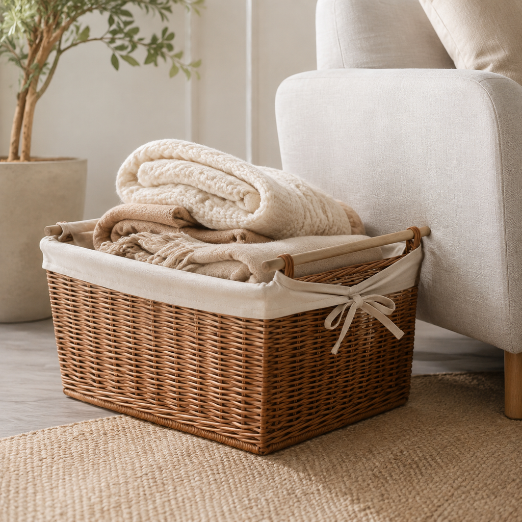 Falor Weidenkorb mit Decken im Wohnzimmer