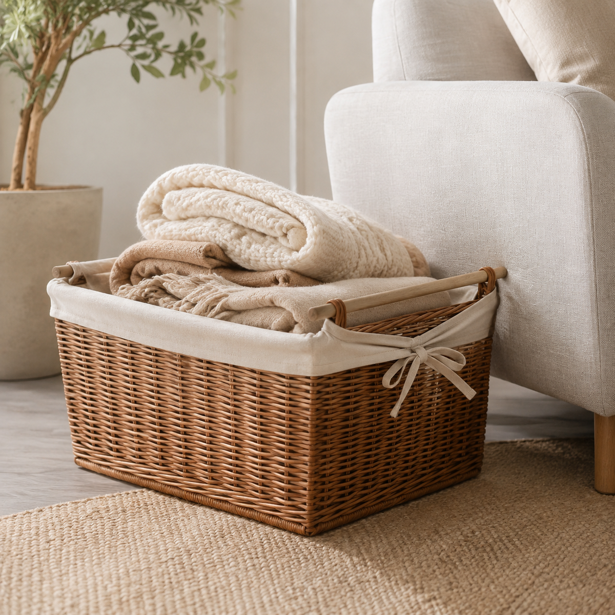 Falor Weidenkorb mit Decken im Wohnzimmer