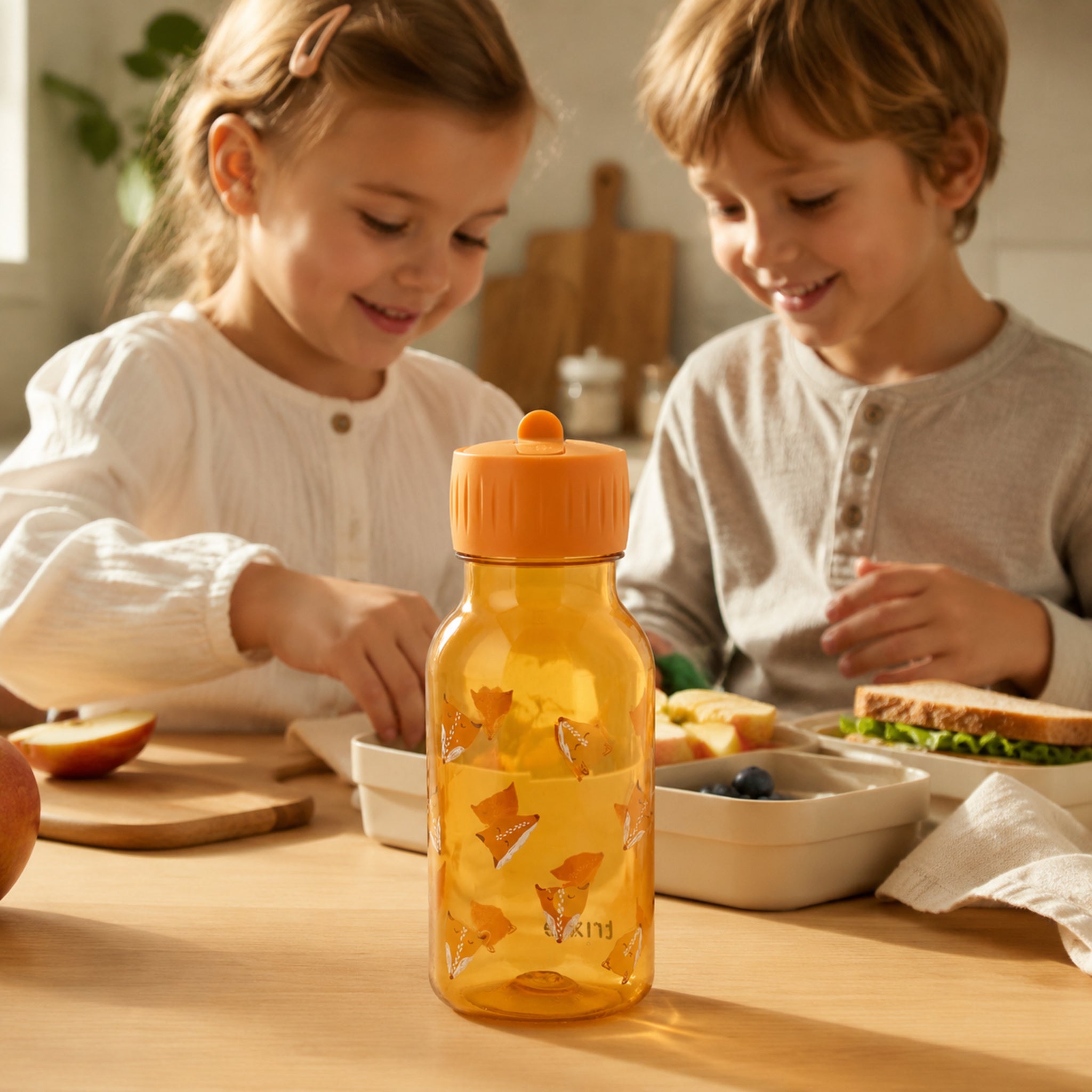 Kinder bereiten Lunchbox mit Trixie Fierce Fox Trinkflasche vor