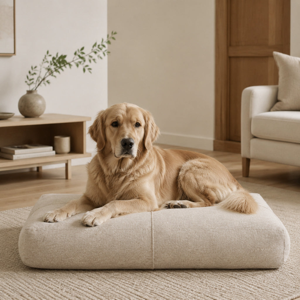 Beiges Finno Hundekissen mit Golden Retriever im modernen Wohnzimmer