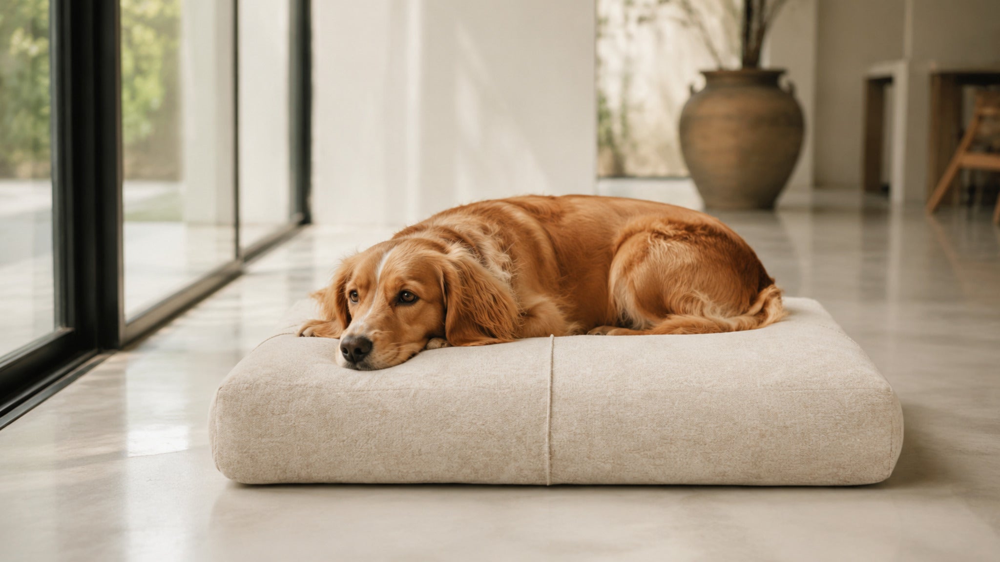 Beiges Finno Hundekissen mit Hund am lichtdurchfluteten Fenster