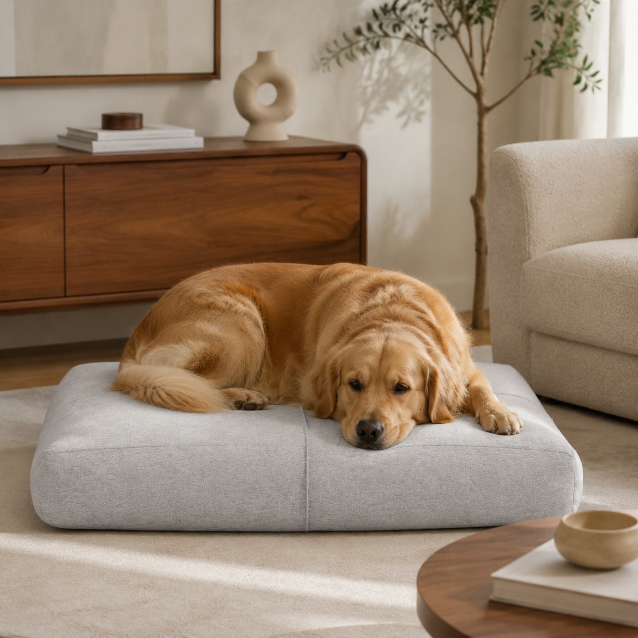 Graues Finno Hundekissen mit Golden Retriever im modernen Wohnzimmer