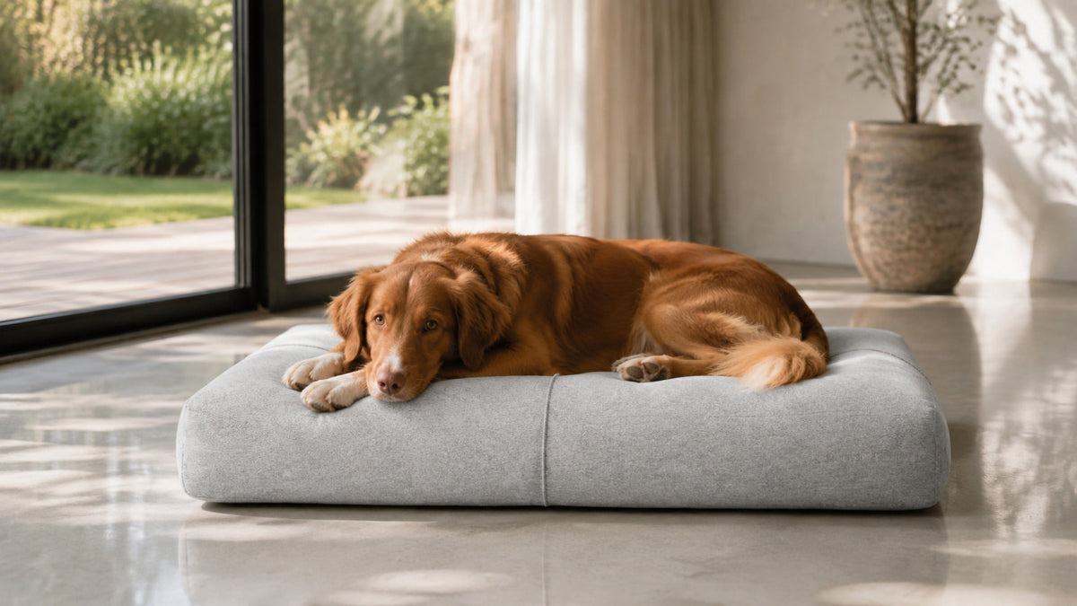 Graues Finno Hundekissen mit Hund am lichtdurchfluteten Fenster