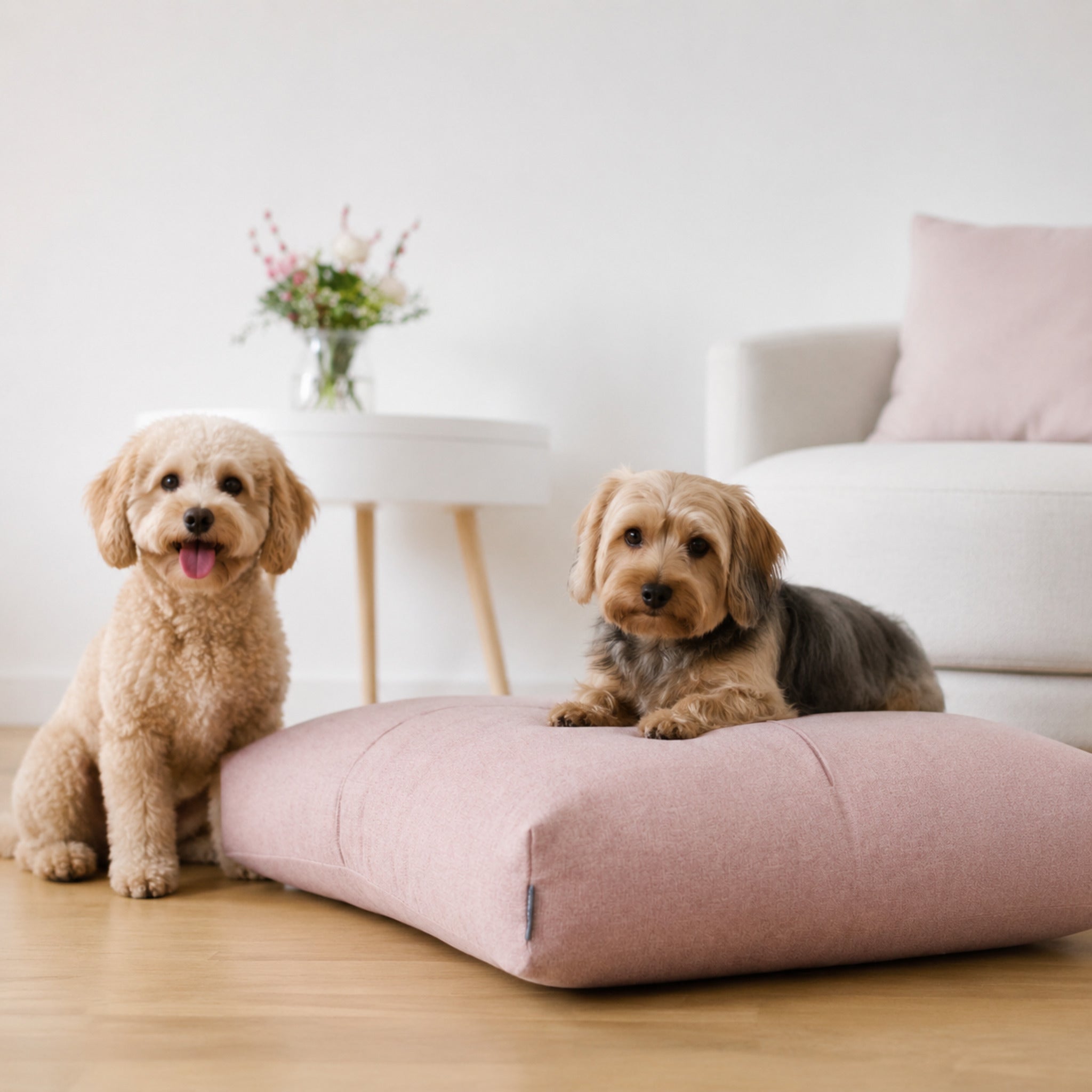 Finno Hundekissen Rosa mit zwei kleinen Hunden in stilvoller Wohnatmosphäre