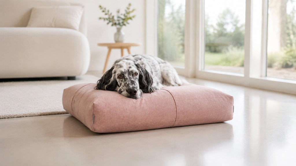 Rosafarbenes Finno Hundekissen mit Hund am großen Fenster