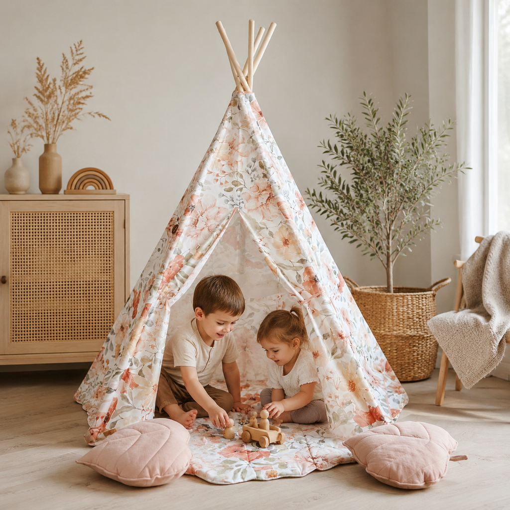 Geschwister spielen am Kinder-Tipi Flower Power