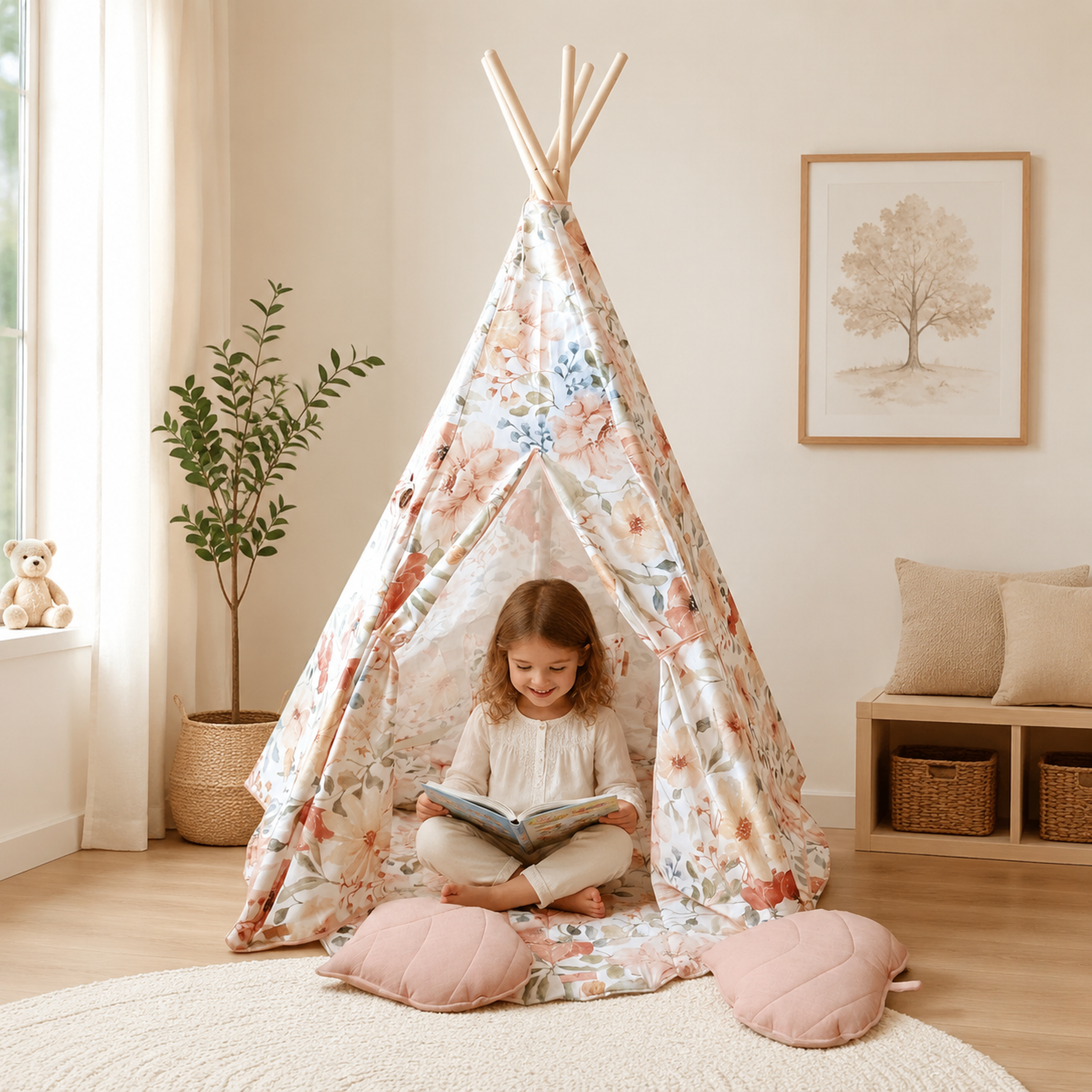 Kinder-Tipi Flower Power mit Kind im skandinavischen Kinderzimmer