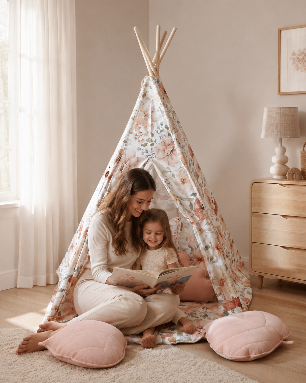 Mutter liest mit Kind im Flower Power Kinder-Tipi