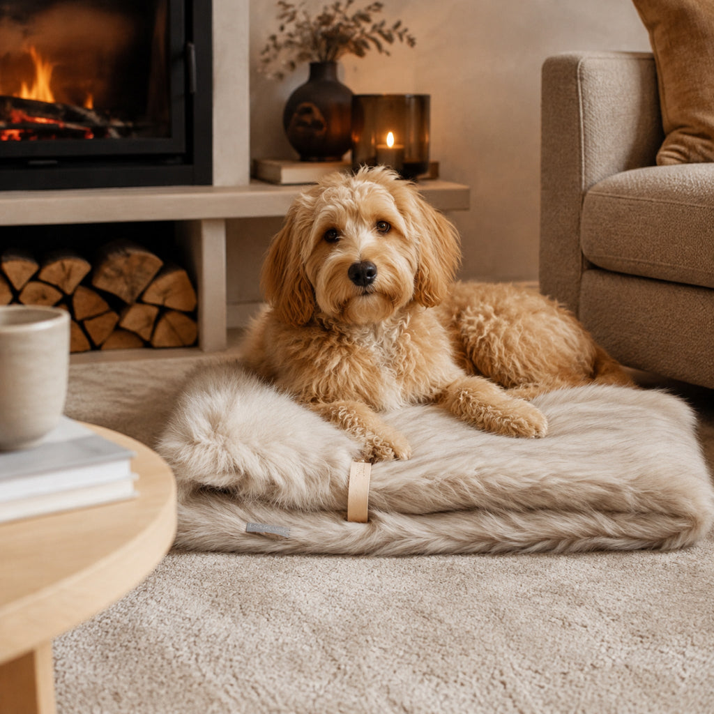 Föra Wendedecke für Hund & Katze – Cappuccino – Elegante Wohnszene mit Haustier