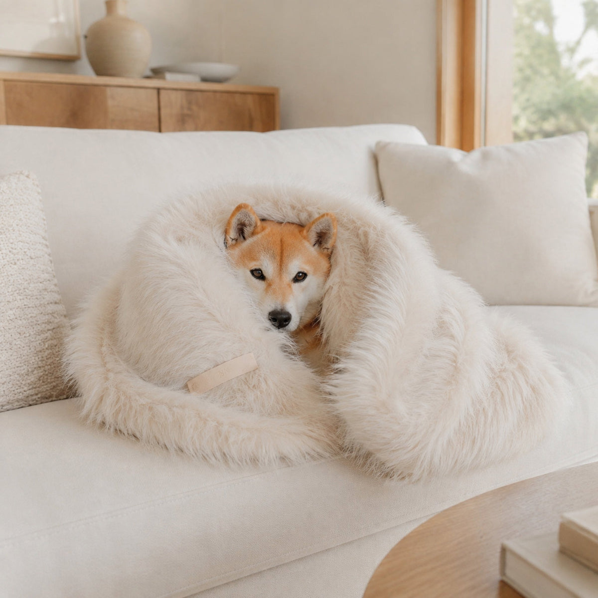 Weiße Föra Haustierdecke mit kleinem Hund auf einem eleganten Sofa