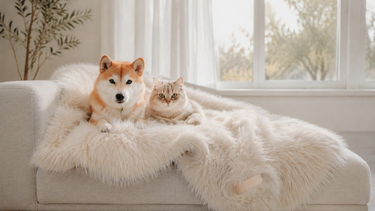 Weiße Föra Kuscheldecke mit Hund und Katze am großen Fenster
