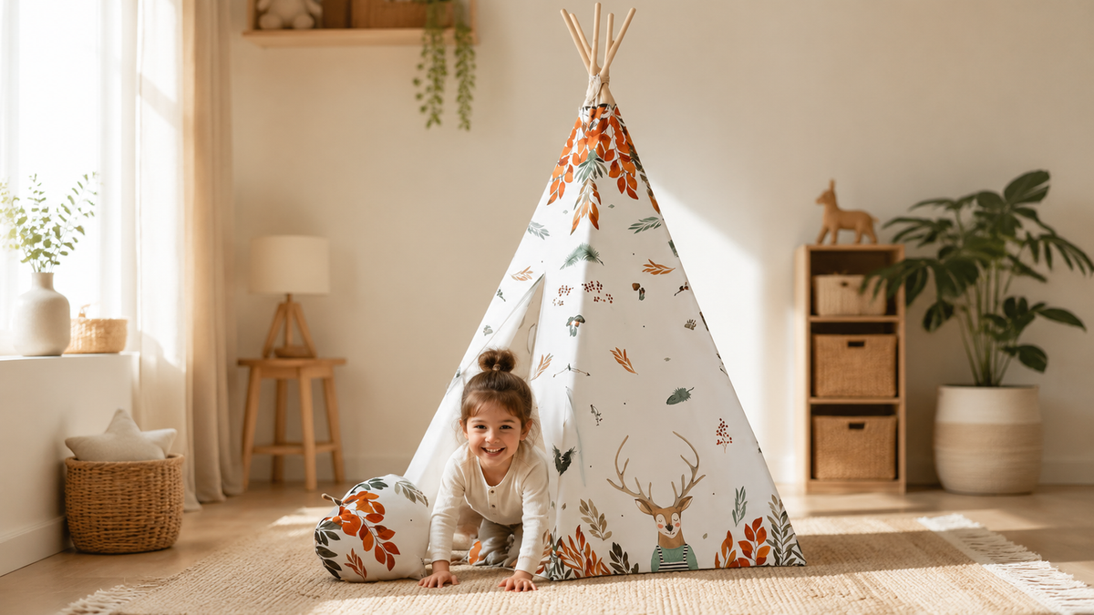 Kind krabbelt aus dem Forest Friends Spielzelt