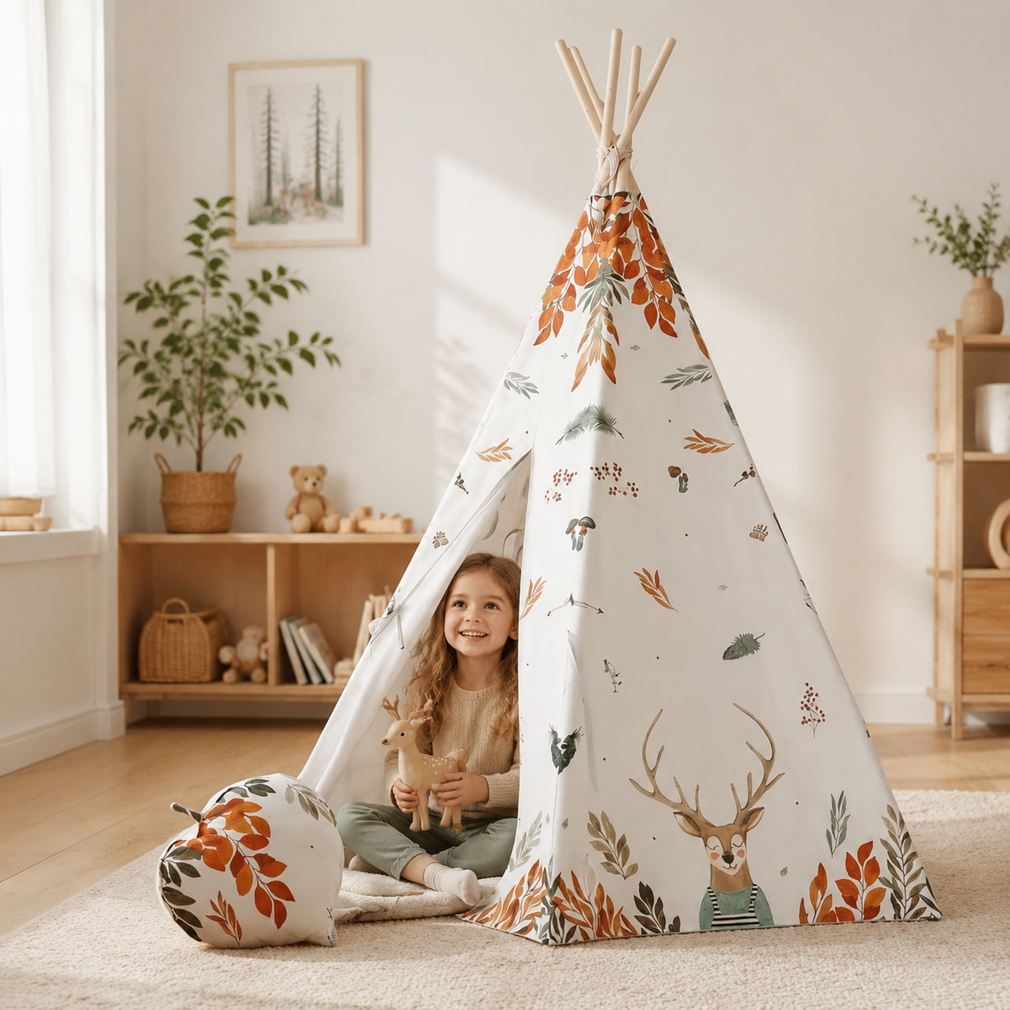 Kinder-Tipi Forest Friends mit Kind im skandinavischen Kinderzimmer