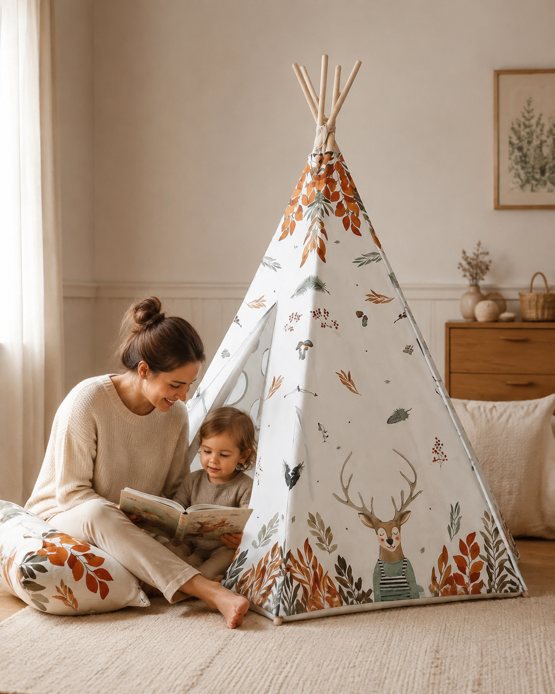 Mutter liest mit Kind im Forest Friends Kinder-Tipi