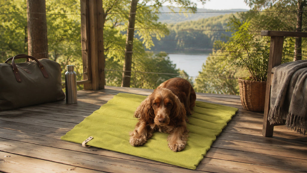Fosser Reisematte Grün auf Terrasse mit Hund – 16:9