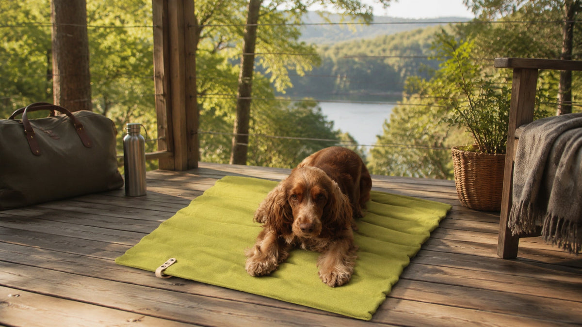 Fosser Reisematte Grün auf Terrasse mit Hund – 16:9