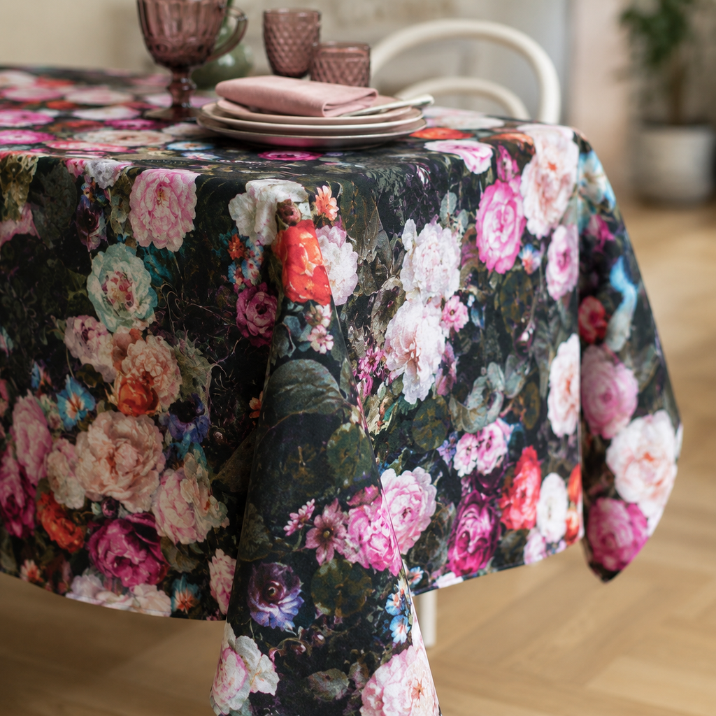 Tischdecke Francine Black mit floralem Muster – Detail von Stoff, Saum und Originalmuster