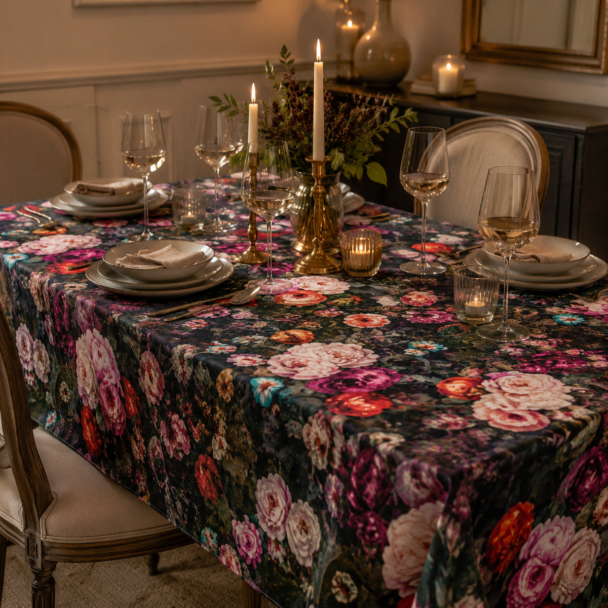 Tischdecke Francine Black mit floralem Muster – elegante Dinner-Atmosphäre
