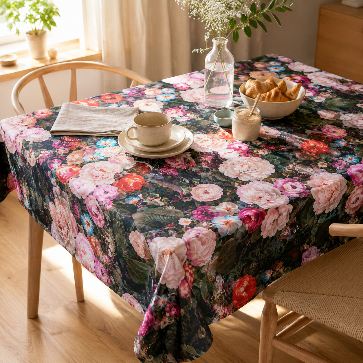 Tischdecke Francine Black mit floralem Muster – stilvolle Frühstückstafel im Tageslicht