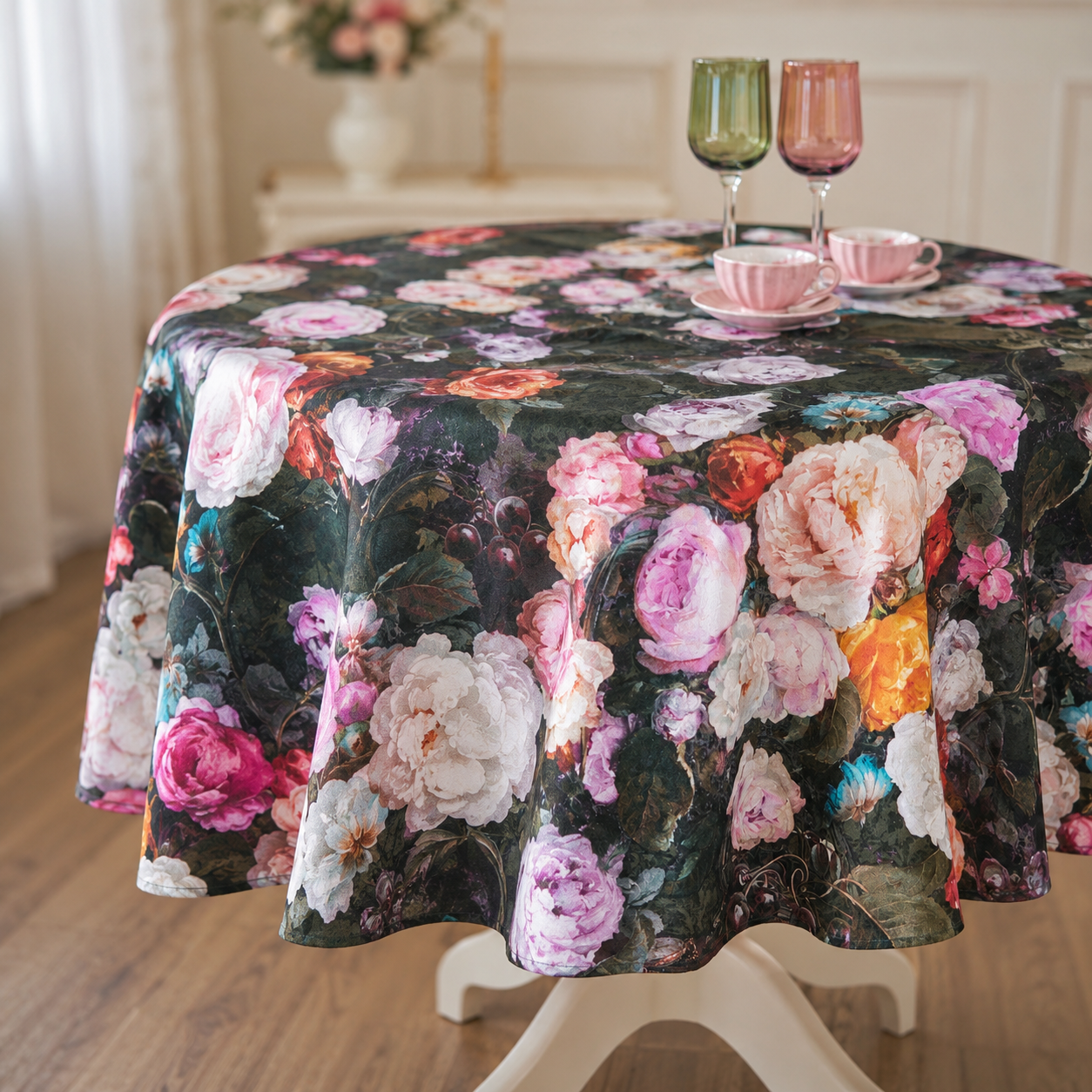 Runde Tischdecke Francine Black – Detail von Stoff, Saum und Blumenmuster