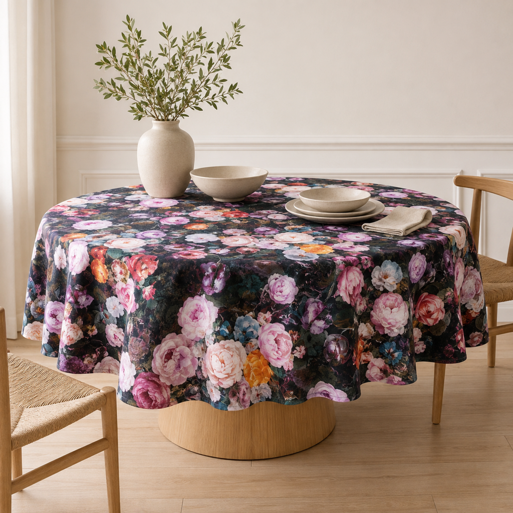 Runde Tischdecke Francine Black – Premium Hauptbild im eleganten Esszimmer