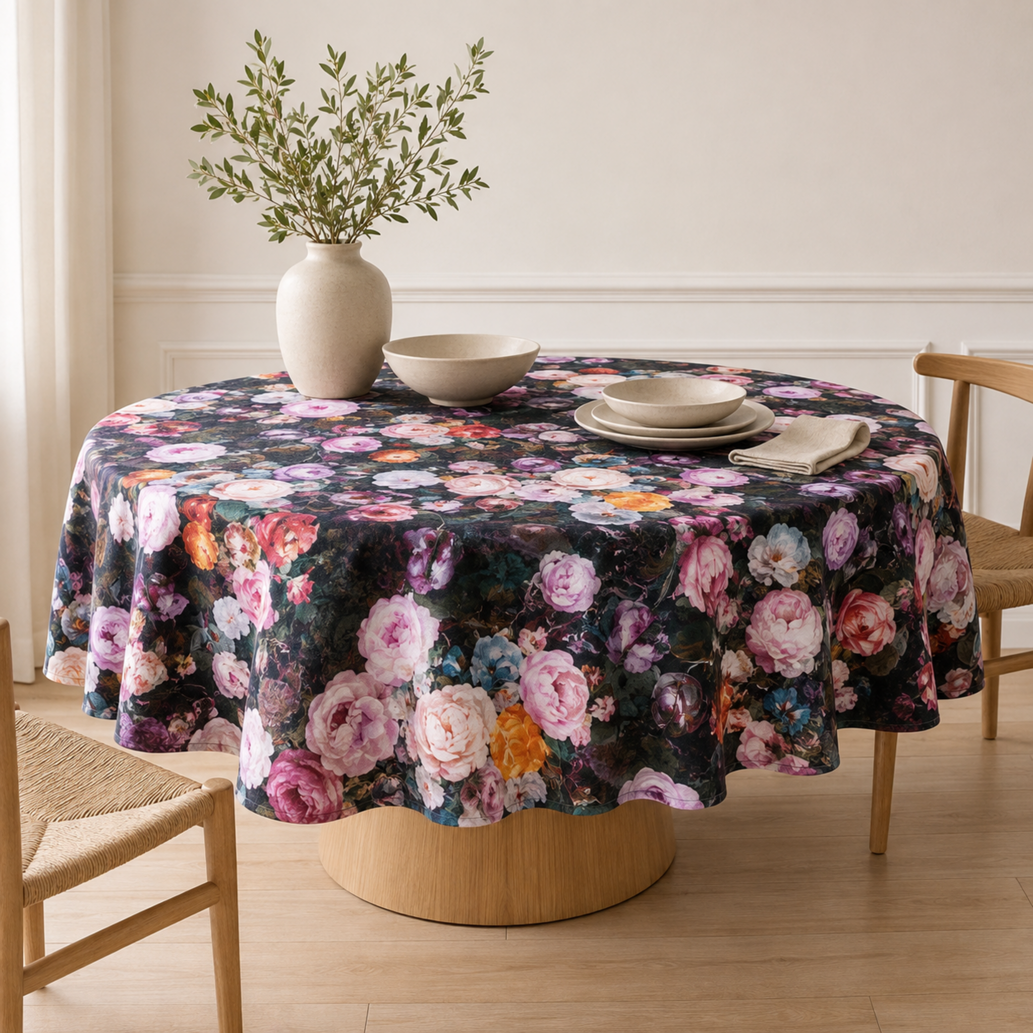 Runde Tischdecke Francine Black – Premium Hauptbild im eleganten Esszimmer