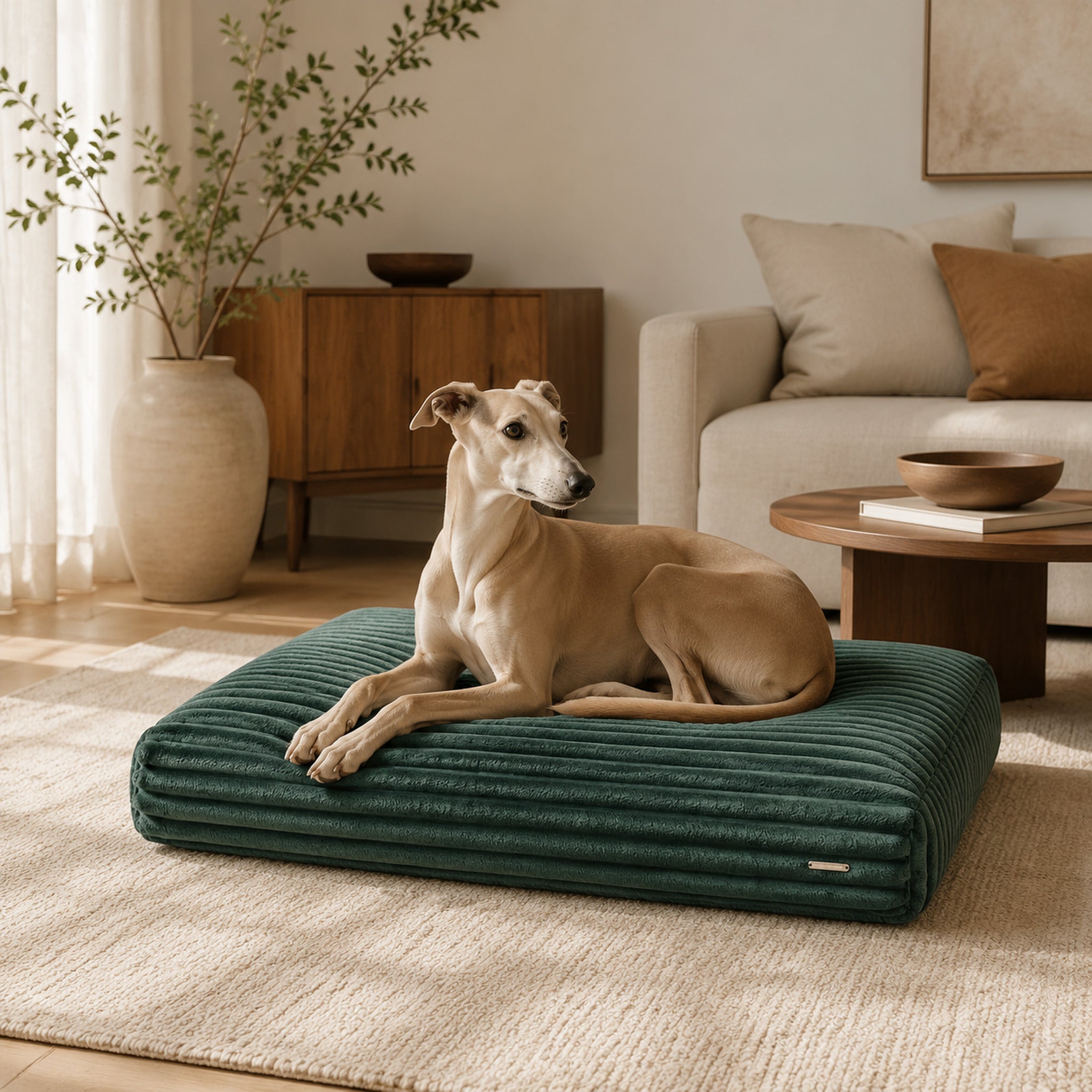 Furo Hundekissen Flaschengrün mit Whippet im eleganten Wohnzimmer