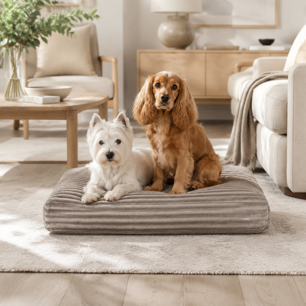 Furo Hundekissen Beige für zwei Hunde – hochwertige Lifestyle Aufnahme