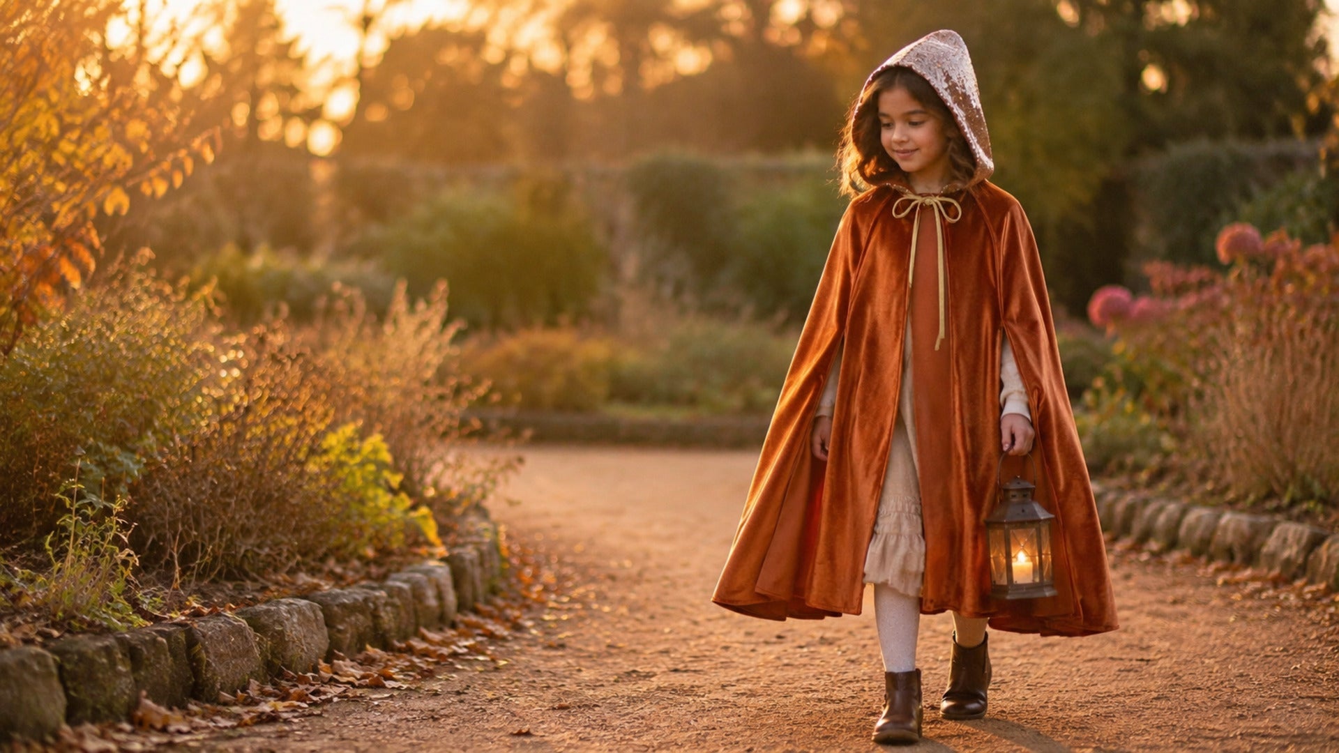Ingwerfarbener Kinderumhang im herbstlichen Garten mit Laterne