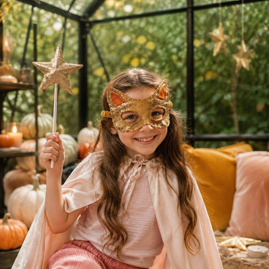 Kind mit goldener Pailletten-Katzenmaske beim fantasievollen Spielen