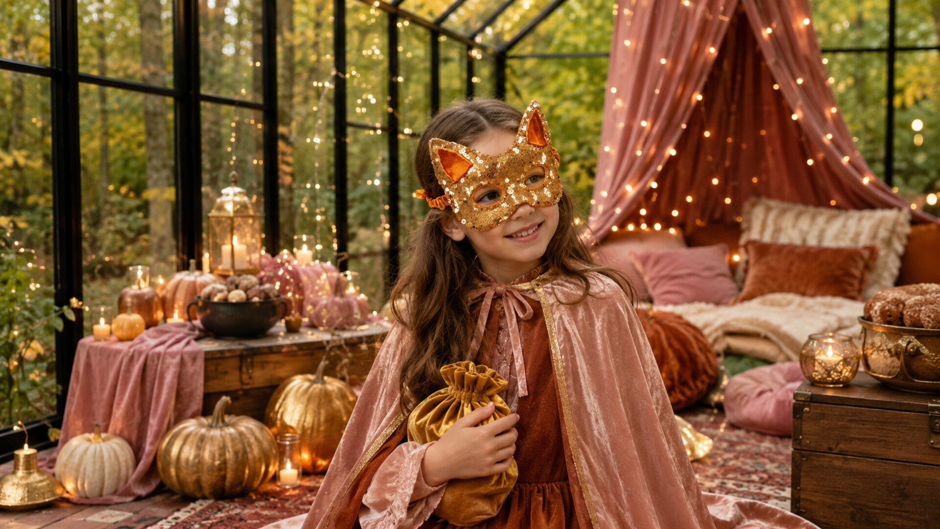 Goldene Kinder-Katzenmaske in einer eleganten Halloween-Kulisse