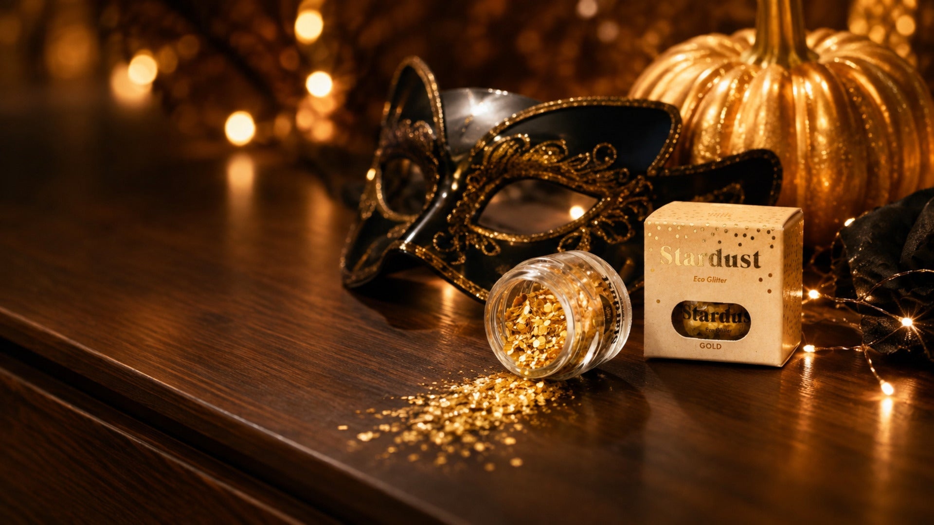 Goldener Öko-Glitzer mit Katzenmaske und Halloween-Dekoration