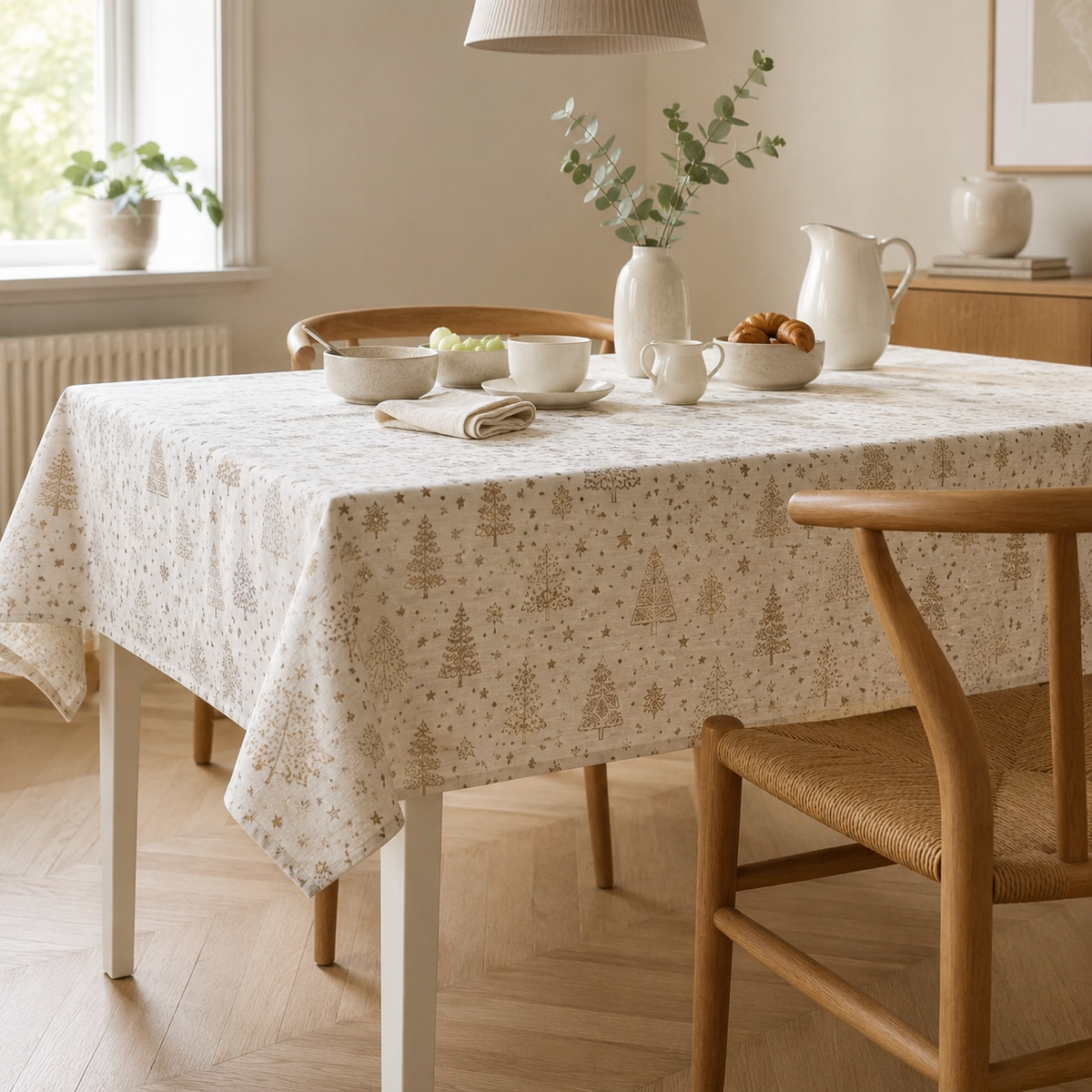 Rechteckige Tischdecke Golden Forest – stilvolle Frühstückstafel mit Tageslicht
