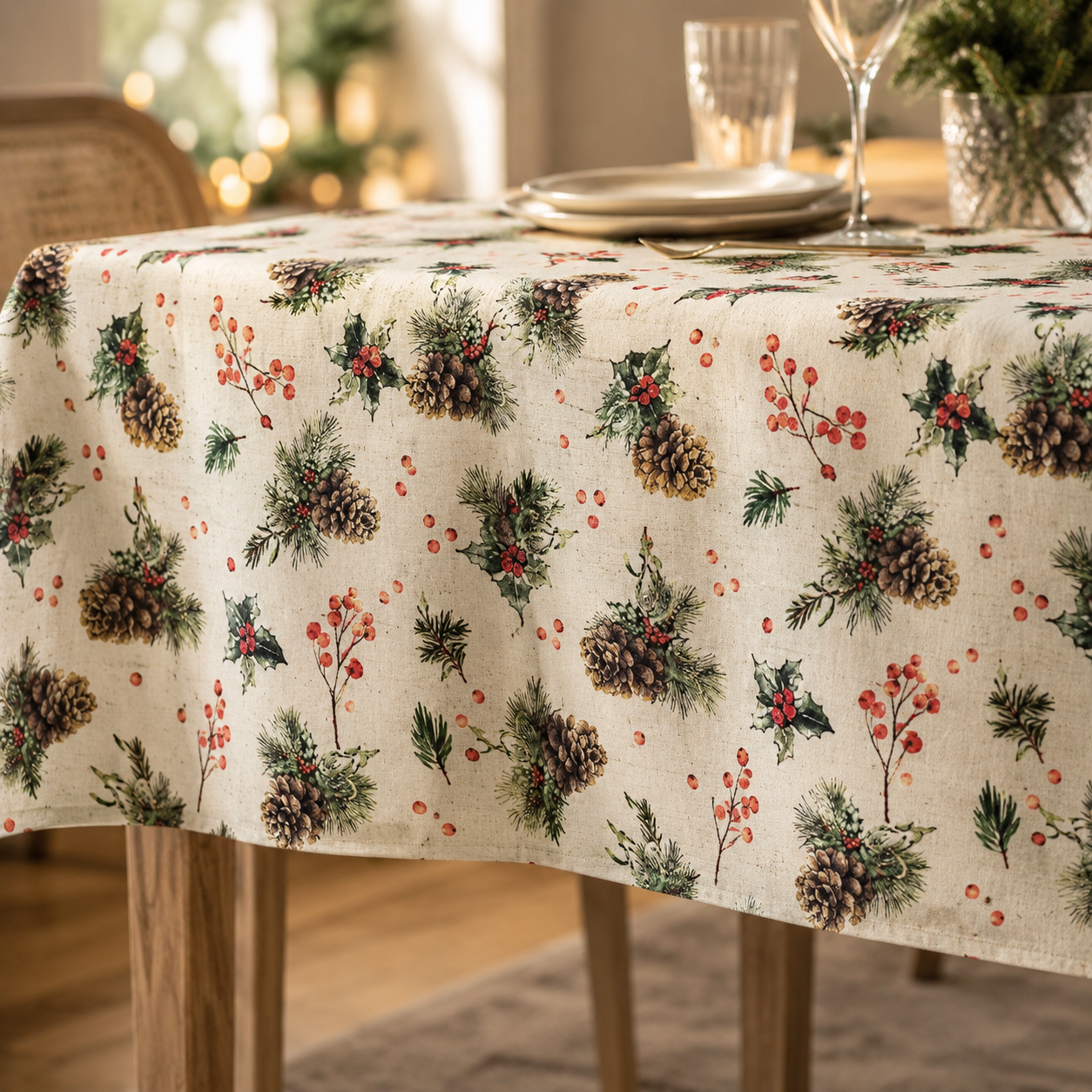 Tischdecke Golden Pine mit winterlichem Motiv – Detail von Stoff, Saum und Originalmuster