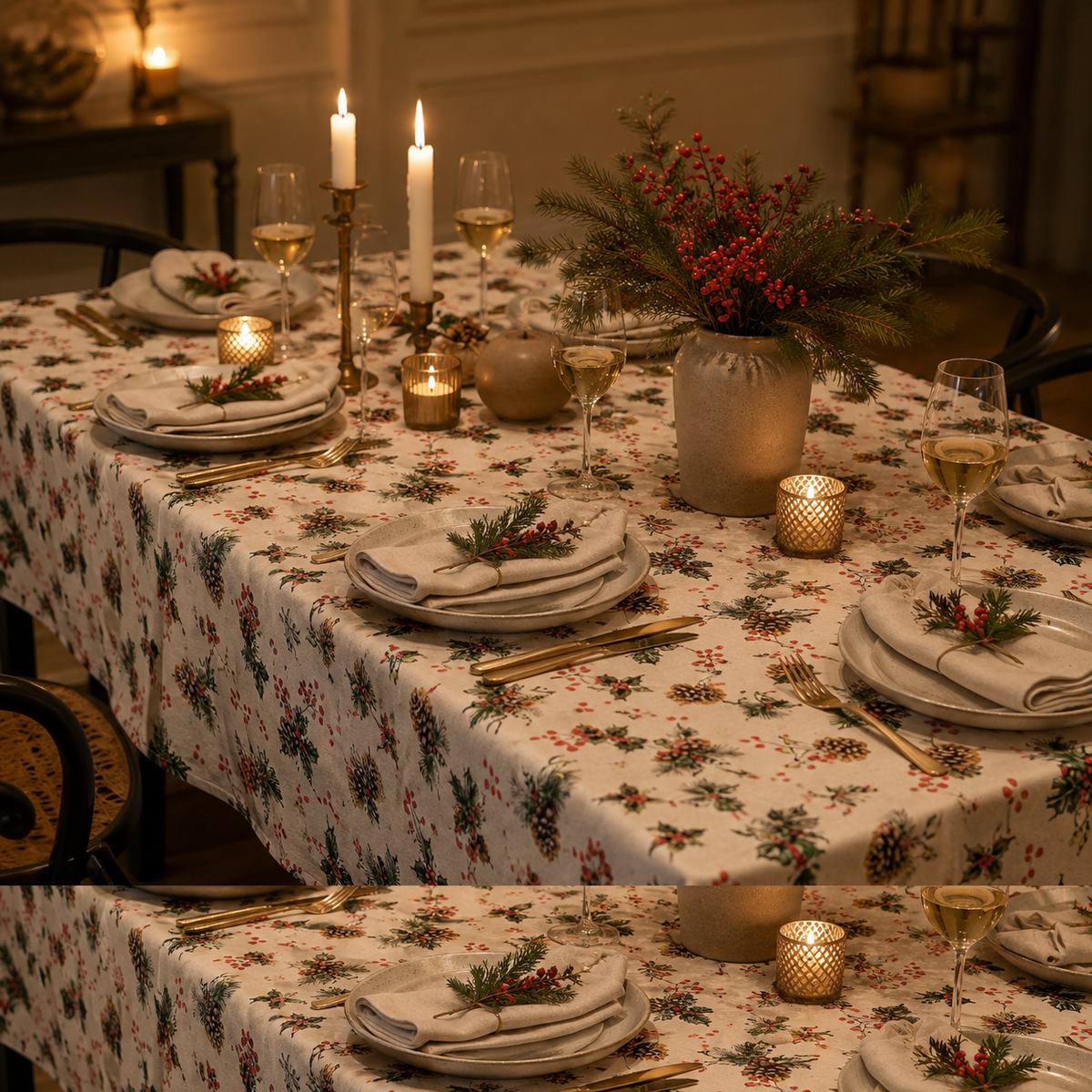 Tischdecke Golden Pine mit winterlichem Motiv – elegante Dinner-Atmosphäre