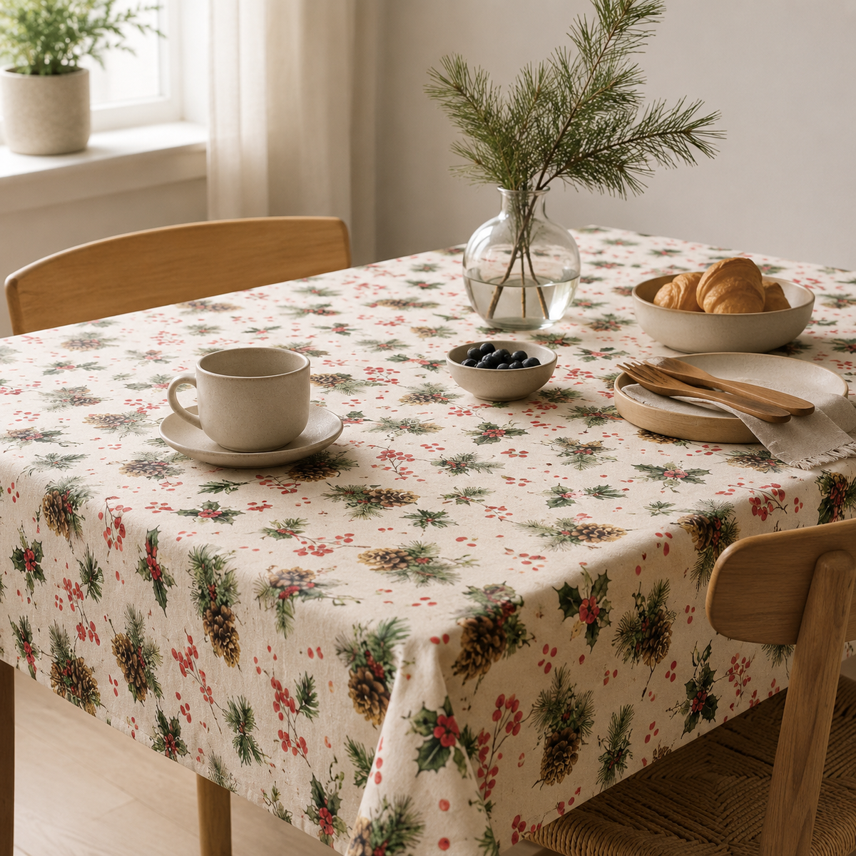 Tischdecke Golden Pine mit winterlichem Motiv – stilvolle Frühstückstafel im Tageslicht