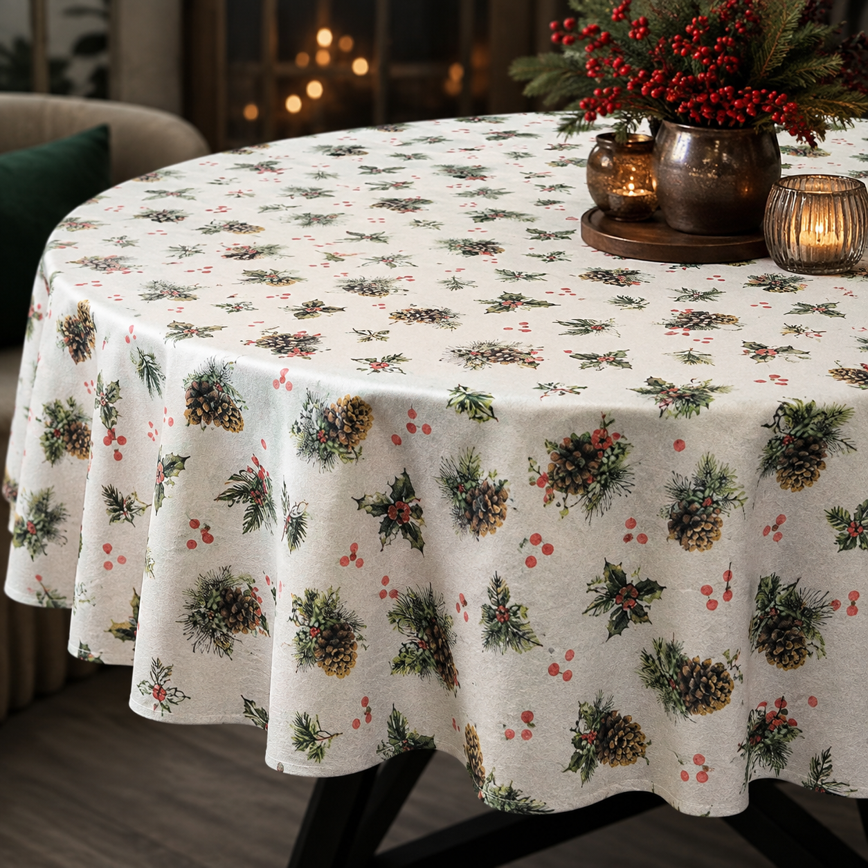 Runde Tischdecke Golden Pine – Detail von Stoff, Saum und Originalmuster