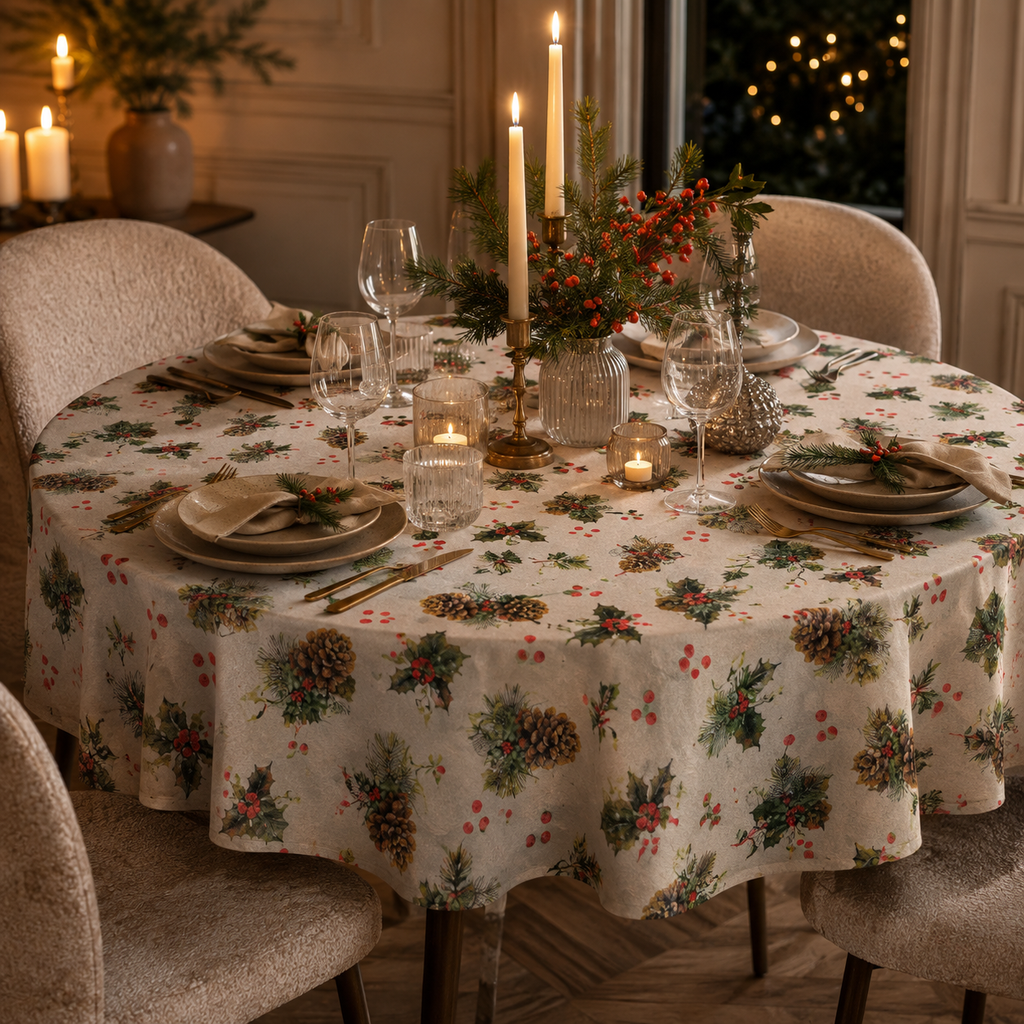 Runde Tischdecke Golden Pine – elegante Dinner-Atmosphäre