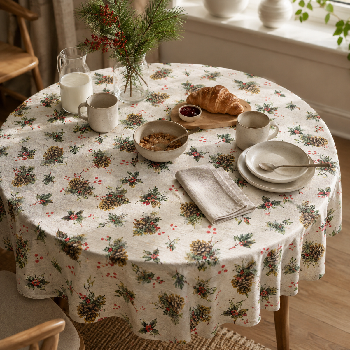 Runde Tischdecke Golden Pine – stilvolle Frühstückstafel im Tageslicht