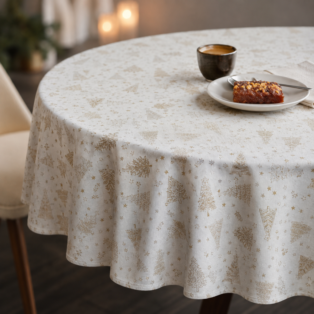 Runde Tischdecke Golden Forest – Detail von Stoff, Saum und goldenem Waldmotiv