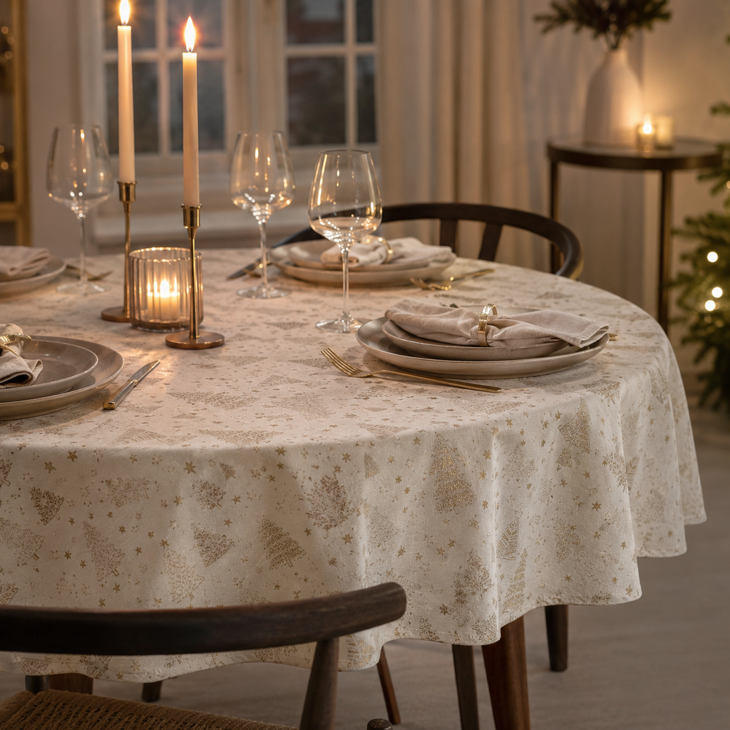 Runde Tischdecke Golden Forest – dezente festliche Dinner-Atmosphäre