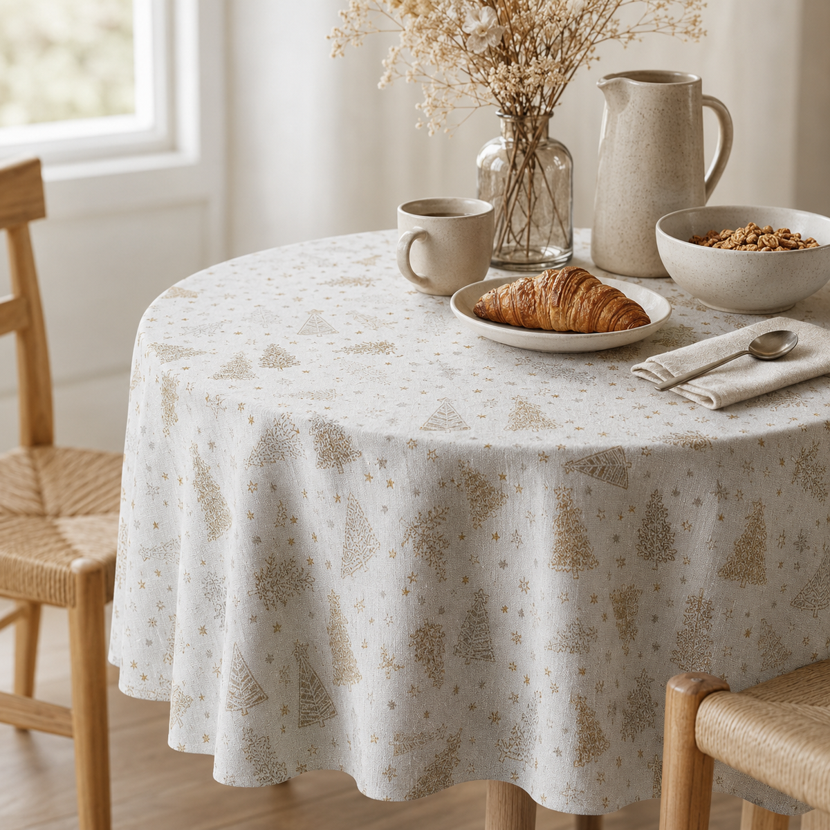 Runde Tischdecke Golden Forest – elegante Frühstückstafel im Tageslicht